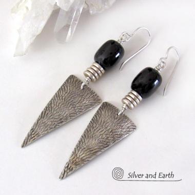 Long Textured Sterling Silver Triangle Earrings with Black Onyx Gemstones - Geometric Modern Contemporary Jewelry