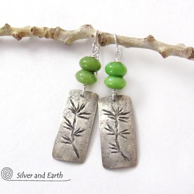 Sterling Silver Earrings with Twig Design & Green Serpentine Stones - Earthy Nature Jewelry