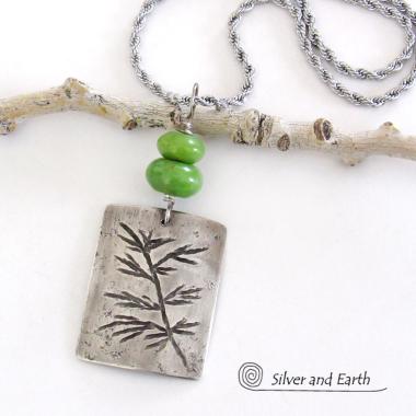 Sterling Silver Necklace with Hand Stamped Twig Design & Green Serpentine Stones - Earthy Nature Jewelry