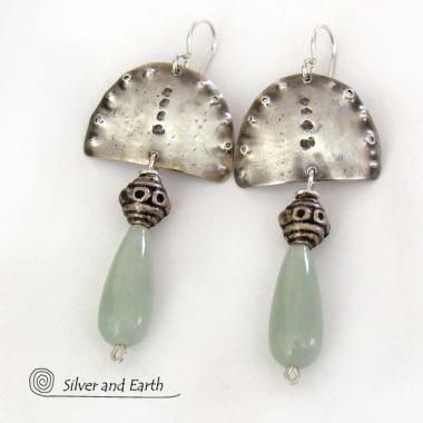 Sterling Silver Earrings with Green Aventurine Gemstones - Unique Bohemian Tribal Jewelry