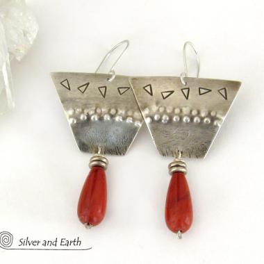 Textured Sterling Silver Earrings with Dangling Red Jasper Stones - Bold Unique Tribal Style Handcrafted Jewelry