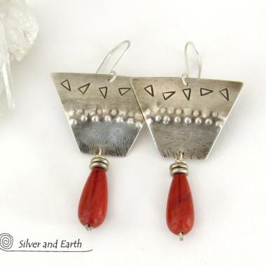 Textured Sterling Silver Earrings with Dangling Red Jasper Stones - Bold Unique Tribal Style Handcrafted Jewelry