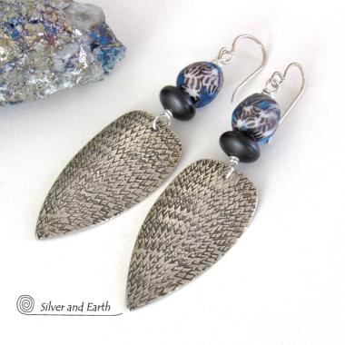 Sterling Silver Tribal Spear Earrings with Multi Colored Blue and Black African Glass Beads