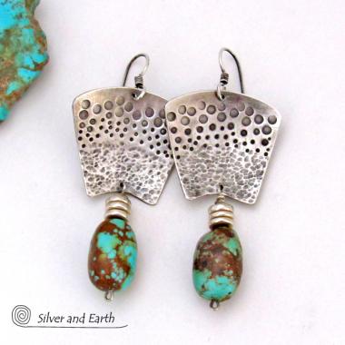 Hand Stamped Sterling Silver & Natural Turquoise Earrings - Bold Modern Southwest Style Handcrafted Jewelry 