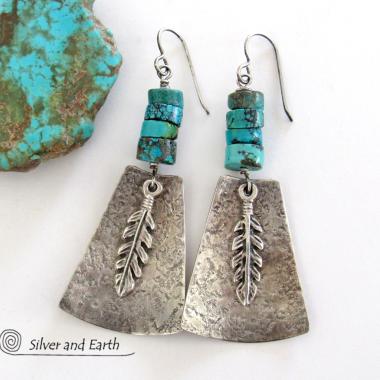 Sterling Silver Earrings with Turquoise and Feathers - Modern Southwest Style Jewelry