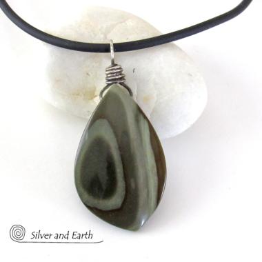 Banded Agate Stone Necklace with Sterling Silver - Minimalist Style Earthy Natural Stone Jewelry 
