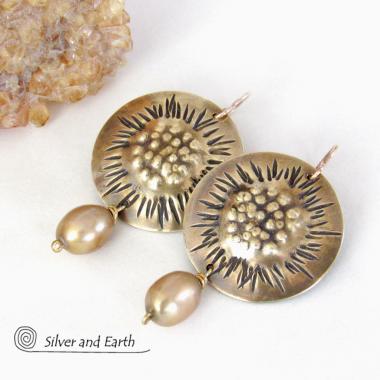 Gold Brass Earrings with Sculptural Texture & Gold Pearls - Unique Handmade Artisan Jewelry
