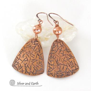 Textured Copper Dangle Earrings with Satin Brushed Copper Beads - Hand Forged Modern Metal Jewelry