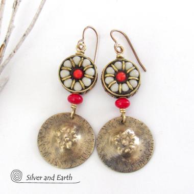 Tibetan Bead Earrings with Gold Brass Dangles & Red Coral - Bold Exotic Ethnic Tribal Style Statement Jewelry