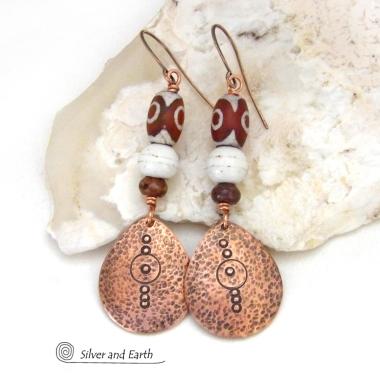 Hand Stamped Copper Dangle Earrings with Etched Tibetan Agate Stones - Unique Boho Chic Jewelry