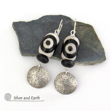 Sterling Silver Earrings with Black & White Tibetan Eye Agate Stones - Ethnic Tribal Style Jewelry