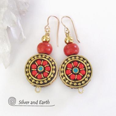 Tibetan Brass Earrings with Red Coral Inlaid Beads - Bold Exotic Bohemian Ethnic Style Jewelry
