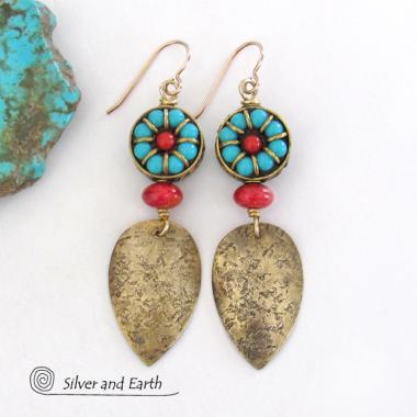 Bold Exotic Statement Earrings with Gold Brass and Tibetan Turquoise & Coral Colored Beads 