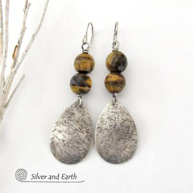 Faceted Brown Tiger's Eye Sterling Silver Dangle Earrings - Handcrafted Earthy Natural Stone Jewelry