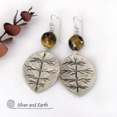 Sterling Silver Leaf Earrings with Brown Tiger's Eye Stones - Earthy Nature Jewelry