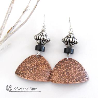 Textured Copper Earrings with Silver Beads & Black Agate Stones - Modern Mixed Metal Jewelry