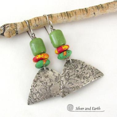 Rustic Tribal Sterling Silver Earrings with Colorful African Glass Beads and Green Serpentine Stones