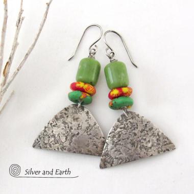 Rustic Tribal Sterling Silver Earrings with Colorful African Glass Beads and Green Serpentine Stones