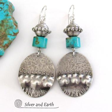 Turquoise & Sterling Silver Oval Dangle Earrings - Tribal Southwestern Style Jewelry