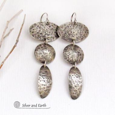 Hammered Sterling Silver Triple Dangle Earrings - Contemporary Modernist Artisan Jewelry