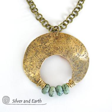 Big Bold Gold Brass Crescent Moon Necklace with African Turquoise Stones - Modern Bohemian Statement Jewelry