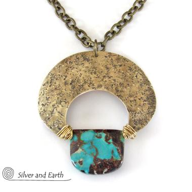 Large Gold Brass Crescent Moon Necklace with Natural Turquoise Gemstone