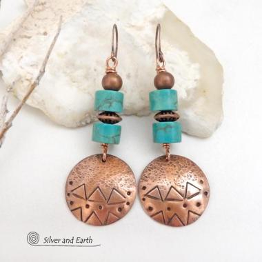 Turquoise and Copper Hand Stamped Earrings - Handcrafted Southwestern Style Jewelry