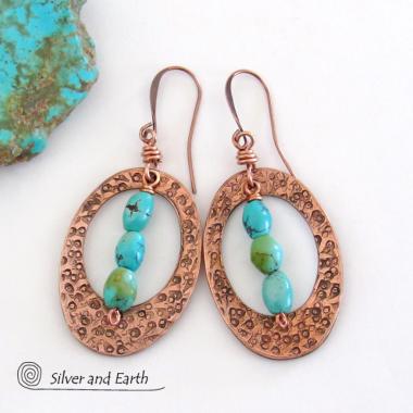 Turquoise & Copper Oval Hoop Dangle Earrings - Modern Trendy Boho Jewelry