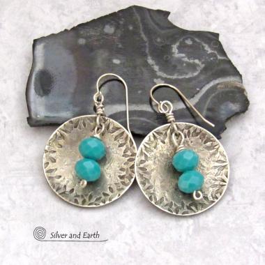 Round Sterling Silver Dangle Earrings with Faceted Blue Glass Crystal Beads - Modern Elegant Jewelry