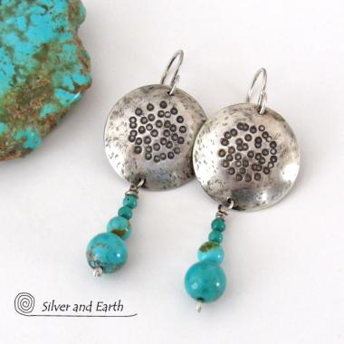 Hand Stamped Sterling Silver Earrings with Dangling Turquoise Stones - Boho Sundance / Southwest Style Artisan Handmade Jewelry