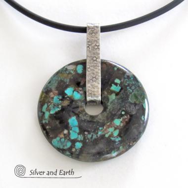 Natural Turquoise Sterling Silver Pendant - Rustic Organic Earthy Stone Jewelry