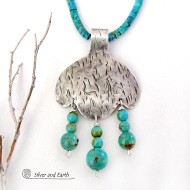 Sterling Silver Pendant with Turquoise Fringe Dangles on Turquoise Heishi Necklace - Southwestern Style Jewelry