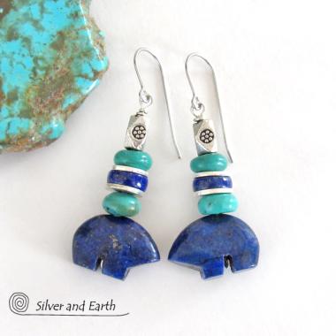 Zuni Bear Lapis & Turquoise Earrings - Southwestern Style Jewelry
