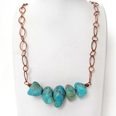 Chunky Turquoise Necklace on Copper Chain - Earthy Natural Turquoise Jewelry