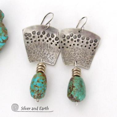 Hand Stamped Sterling Silver & Natural Turquoise Earrings - Bold Modern Southwest Style Handcrafted Jewelry 