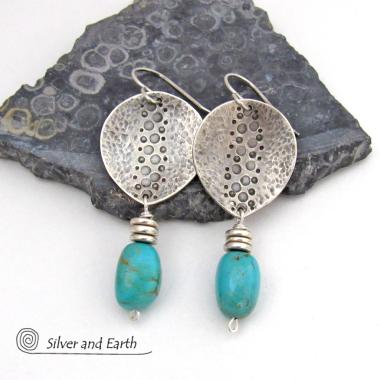 Handcrafted Sterling Silver & Turquoise Earrings with a Rustic, Hammered Earthy Organic Southwest Style 