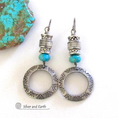 Turquoise and Hand Stamped Silver Pewter Hoop Earrings with Southwestern Tribal Style Beads