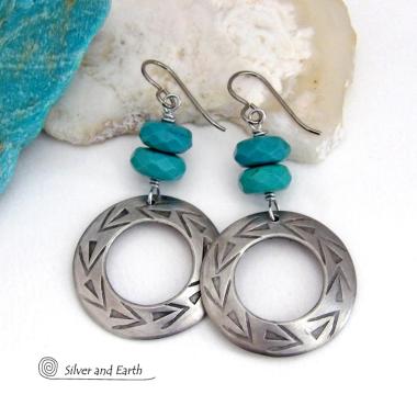 These handcrafted earrings feature silver pewter hoops with a hand stamped texture accented with natural, genuine turquoise stones with a faceted finish. They have an earthy modern style with southwest flair that coordinates beautifully with all wardrobe types. Handmade in the USA by Silver and Earth Jewelry, a New Mexico True Certified Business.