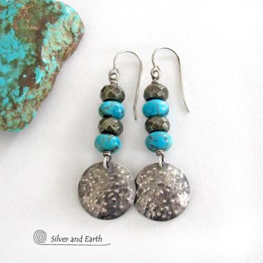 Rustic Hammered Sterling Silver and Turquoise Earrings with Pyrite Stones - Artisan Handmade Earthy Modern Sterling Jewelry