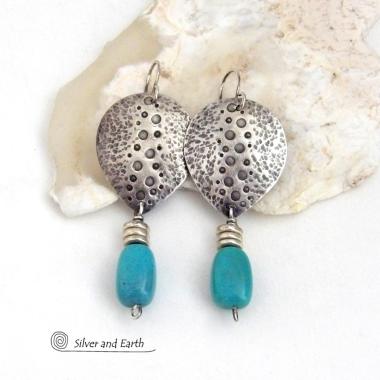 Handcrafted Sterling Silver & Turquoise Earrings with a Rustic, Hammered Earthy Organic Southwest Style 