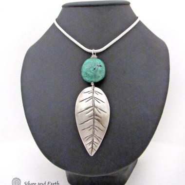 Sterling Silver Feather Necklace with Turquoise - Modern Southwestern Jewelry