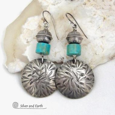 Hand Stamped Sterling Silver Earrings with Turquoise and Sterling Beads - Modern Southwestern Style Jewelry 