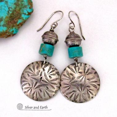 Hand Stamped Sterling Silver Earrings with Turquoise and Sterling Beads - Modern Southwestern Style Jewelry 