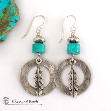 Sterling Silver Hoop Earrings with Turquoise and Feathers - Modern Southwestern Style Jewelry