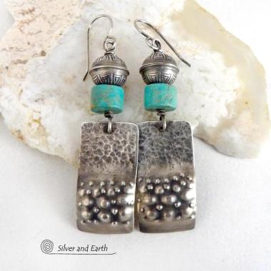 Sterling Silver Rectangle Earrings with Turquoise Stones - Handcrafted Modern Southwest Style Jewelry