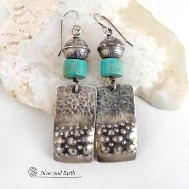 Sterling Silver Rectangle Earrings with Turquoise Stones - Handcrafted Modern Southwest Style Jewelry