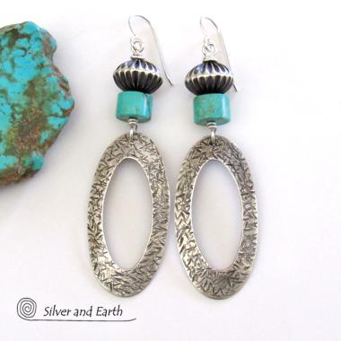 Sterling Silver Hoop Earrings with Turquoise - Modern Southwest Silver & Turquoise Jewelry