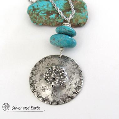 Turquoise Sterling Silver Pendant Necklace - Earthy Rustic Silver Jewelry