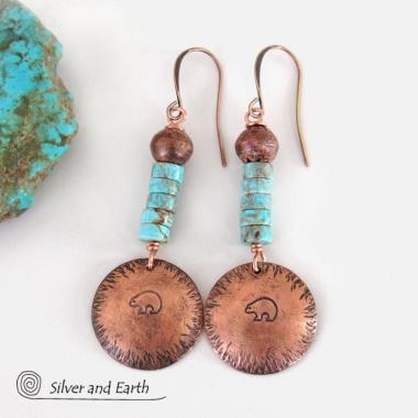 Hand Stamped Zuni Bear Copper & Turquoise Earrings - Southwestern Style Jewelry