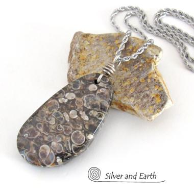 Turritella Fossil Stone Pendant Necklace - One of Kind Earthy Natural Fossil Jewelry